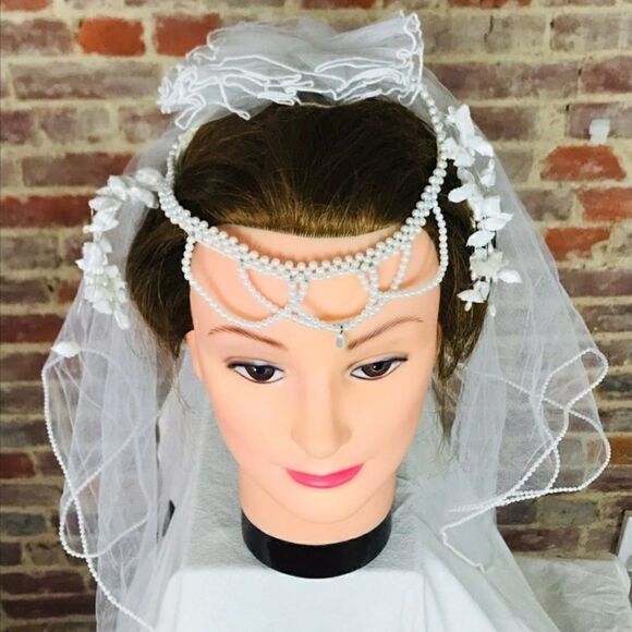 VTG Bridal Veil Wedding Tulle Pearl Band Tiered main image 5